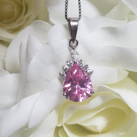 Elegant Pear Shape Pink Zircon Pendant Necklace in  925 Silver - Picture 3 of 5